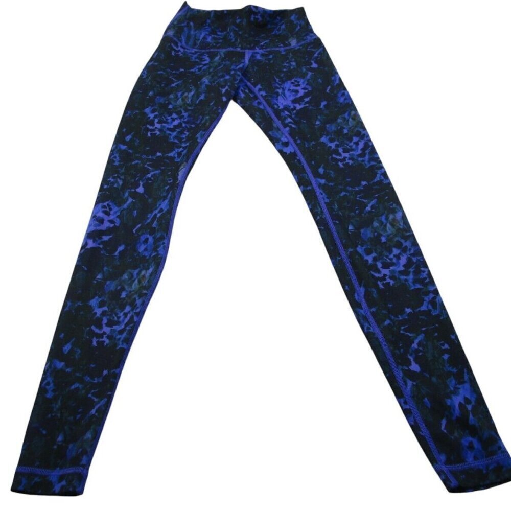 Lululemon Activewear Leggings Womens Blue Black Floral Sports Yoga Elastic Waist
